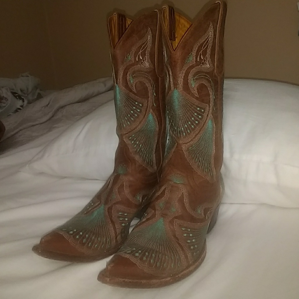 Old Gringo Brown Leather Boots Teal Stitch Sz 8.5